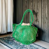Hollow Cotton Rope Handwoven Fishnet Bag - Lazy Vintage Cotton Shoulder Tote for Beach Vacation green with inner bag