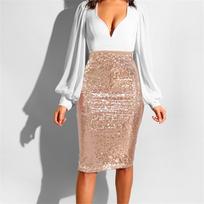 Women Fashion Slim High Waist Push Up Hip Pencil Zipper Sequin Skirt XL chaki
