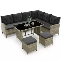 Lauko baldų komplektas Juskys Sodo poilsio komplektas Manacor sofa/staliukas/2 taburetės Sofa 228x178x80 cm juoda/tamsiai pilka