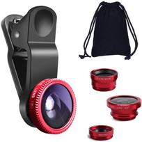 3 in 1 Universal Fish Eye Lens, Macro Clip Lens Wide-Angle Camera Lens Kit for iPad iPhone Samsung Android and Most Smartphones (Red) juoda