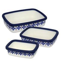 Fuji Enamelware Cukka Shallow Rectangular Containers Navy Set with Scandinavian Pattern Oven-Safe (S, M, L) 3-Piece