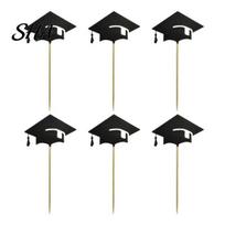 Black Glitter Cake Topper 6 Pcs Graduation Toppers, Mini Grad Cap Cupcake Stiff Wooden Skewer Food Appetizer Picks for Class of 2026 Party Supplies juoda