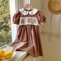 Girls Summer Brown Bear Embroidered Peter Pan Collar Short Sleeve Dress Sweet Baby Dress 90cm