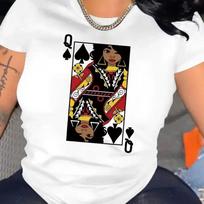 Cartoon Card Q Print Crew Neck T-Shirt Casual Short Sleeve Top For Summer Women Clothing Graphic Clothing Women's Top Drop Ship M smėlis