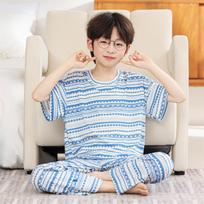 Kids' Summer Ice Silk Pajama Set: Short Sleeve & Long Pants for Boys & Girls - Lightweight, Airy, Printed Sleepwear 110 cm