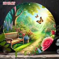 Sunny Garden Path Bench Butterflies Flowers HD Metal Wall Art  Vibrant Spring Scenery Round Tin Sign for Patio Home Decor 20x20cm(8x8inch)