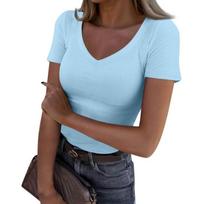 Fashion Ladies V Neck Slim Tshirt Casual Solid Color Short Sleeve Pullover Top S šviesiai mėlyna spalva