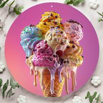 Colorful Melting Ice Cream Cone Round Metal Tin Sign D Flat Printing Sweet Dessert Wall Plaque For Kitchen Home Decor 20x20cm(8x8inch)