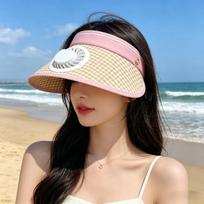 USB Rechargeable Fan Sun Hat Sunscreen Wide Brim Roll Up Empty Top Visor 1pc sun hat with fan rožinė