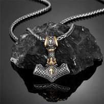 Norse Thor's Hammer Necklace for Men Stainless Steel Viking Runes Valknut Pendant Amulet 60CM