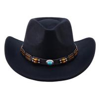 (One Size, Black) Western Cowboy Hat for Women Men Bohemian Cowgirl Hat with Beads Trim Outdoor Sun Hat One Size vyno raudonos spalvos