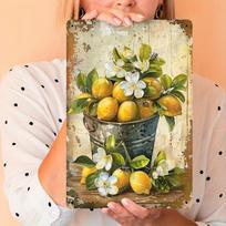 HD Metalinis skardinis ženklas Vintažinis citrinų kibiras su gėlėmis ir bitėmis Retro metalinė plokštelė Plakatas virtuvei, sodybos sienų dekorui 20x30cm（7.8x11.8inch）