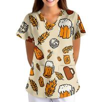 Women's Oktoberfest Print V-Neck Short Sleeve Scrub Top with Pockets, Loose Fit XXL chaki