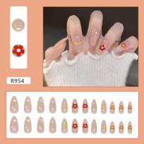 Sweet red flowers, fresh lines, polka dots, stars, versatile girly removable wearable nails, 24 pieces
