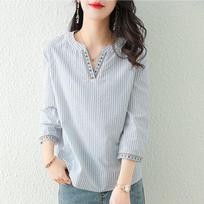 Pure Cotton Three-quarter Sleeve Striped Shirt Women's Spring and Autumn Ethnic Style Fashion V-neck Top XXL žalia