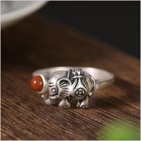 Yin Taifei Thai Silver Elephant Ring with Red Agate & Jade: Women's Retro Open Design Adjustable Open