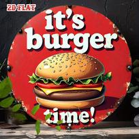 Its Burger Time Retro Vintage Food Round HD Metal Wall Art  Funny Dining Room Decor Tin Sign for Cafe and Kitchen 20x20cm(8x8inch)