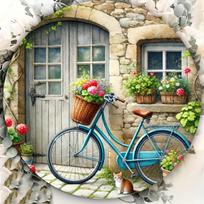 Vintage Cottage Blue Bicycle and Cat Metal Tin Sign for Home Garden Decor 20x30cm（7.8x11.8inch）