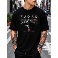 men's black graphic t-shirt with fjord mountain print, crew neck short sleeve cotton tee for casual outdoor wear S juoda
