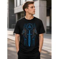 Men's Viking Graphic Tee with Norse Wolf & Sword Design, Short Sleeve Crew Neck Cotton Blend for Casual Streetwear or Festival Outfits S juoda