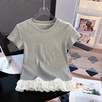 White lace hem short-sleeved T-shirt women's summer slim-fit Korean version bottoming shirt design sense inner top tide S pilka spalva