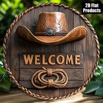 Vakarų kaubojaus skrybėlė Sveiki apvalus metalinis ženklas D plokščiai spausdintas medžio efektas Lazo menas skardos plokštelė Rustic Country Ranch Veranda Wa 20x20cm(8x8inch) black