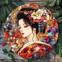 Acrylic Painting Vibrant Japanese Geisha with Floral Hair Ornaments and Kimono Traditional Asian Art Wall Decor for Living Room 20x20cm(8x8inch)