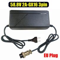 52V 2A įkroviklis elektriniam paspirtukui su GX16-3 kontaktų kištuku 52V 14S 58.8V važiavimo įkroviklio adapteris ličio baterijoms paspirtukų įkrovikliams EU Plug juoda