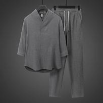 Men's Lightweight Summer Chinese-Style Suit Set: Ice-Silk Drapey Loose-Fit Short-Sleeve T-Shirt and Pants Two-Piece Set XS