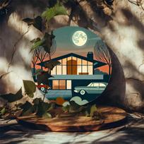 Mid Century Modern House Retro Cars Full Moon Night Tin Sign  Vintage Durable Metal Plaque Wall Decor Retro Home Office Wall A 30x40cm(11.8x15.7inch)