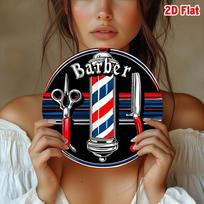 Vintage Barber Shop HD Metal Tin Sign  Retro Classic Round Wall Art with Barber Pole Scissors  Straight Razor Nostalgic 20x20cm(8x8inch)