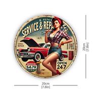 Acrylic Painting Vintage Service  Repair Open  Sign with PinUp Mechanic Girl Classic Red Car and Wrench Retro Automotiv 20x20cm(8x8inch)