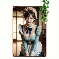 HD Metal Wall Art Sexy Maid Girl in Blue and White Lace Frilly Dress with Flower Headband Bow Tie in Cozy Cottage Window with Gr 20x30cm（7.8x11.8inch）