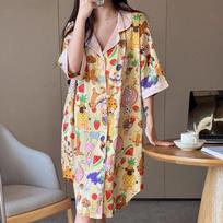 Summer Cartoon Animal Ice Silk Casual Comfortable Cardigan Loungewear Fashion Blouse Nightdress M