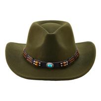 (One Size, Army Green) Western Cowboy Hat for Women Men Bohemian Cowgirl Hat with Beads Trim Outdoor Sun Hat One Size vyno raudonos spalvos