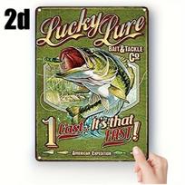 Lucky Pure Bait  Meškeriojimo reikmenys Metalinis skardinis ženklas  Vintažinis žvejybos plakatas su didžiakojiu ešeriu Žalias fonas Geležinė sienos dekoracija H 20x30cm（7.8x11.8inch）