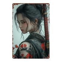 D Retro Metal Sign Japanese Samurai Girl Katana Tattoo Vintage Anime Woman Wall Art Home Bar Decor 20x30cm（7.8x11.8inch）