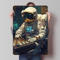 Astronaut Playing Chess in Space Station Tinplate Poster Customized Wall Art Vintage Metal Signs Retro Tin Plaque for Desk Decor 20x30cm（7.8x11.8inch）