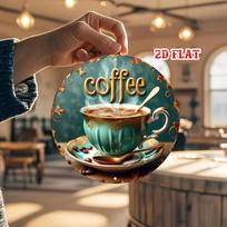 Acrylic Painting Vintage Teal Coffee Cup with Gold Accents and Steam Rustic Coffee Sign Wall Decor for Kitchen Cafe Diner and Co 20x20cm(8x8inch)