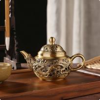 Teapot with Lid AntiqueStyle Decorative BrassColored Tea Pot for Collectors, Dragon Phoenix