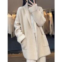 Women's Autumn and Winter  Korean Version Medium Long V-neck Sweater Women's Coat Slimming Lazy Style Knitted Coat One size smėlis