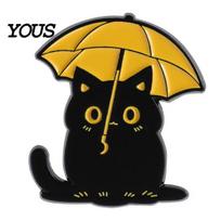 Weather-themed Brooch Enamel Brooch, Rainy Day Animal Pin, Black Cat Umbrella Duck Treading Water Rain Accessories Badge, Vivid Expressions juoda