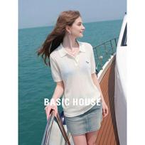 Basic House Women's Embroidered Dog Tencel Linen Polo Shirt L balta