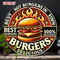 D Flat Metal Sign Best Hot Burgers In Town  Delicious Vintage Flame Round Metal Wall Art Burger Bar Cafe Restaurant Decor G 20x20cm(8x8inch)