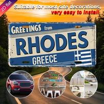 D Flat pc Vintage Rhodes Greece License Plate Wall Art  Greek Island Metal Sign UVPrinted Retro Blue  White xcm 15x30cm(5.9x7.8inch)