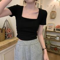 Summer French square collar slim-fit short front shoulder T-shirt women's short-sleeved design sense niche folds exposed collarbone clothes M juoda