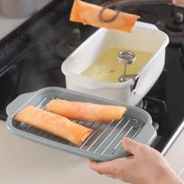 Fuji Enamel Square Tempura IH with Frying and Custom Color Pot, Compatible, Thermometer, Net, Tray, TP-20K.GB (Grayish Blue)