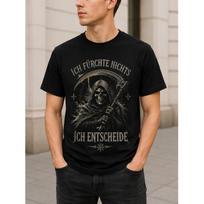 Men's black cotton t-shirt with grim reaper graphic, short sleeves, crew neck, relaxed fit, gothic skull design for casual wear or metal music fans S juoda