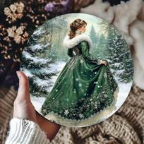 Victorian Winter Lady in Green Gown D Flat Round Metal Tin Sign  Vintage Snow Forest Wall Plaque for Christmas Home Decor 20x20cm(8x8inch)