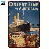 Senovinis linijinis į Australiją metalinis skardinis ženklas Retro jūrų meno kūrinys su RMS Oriana laivu Dykumos scena Nostalgiškas kelionių dekoras f 20x30cm（7.8x11.8inch）